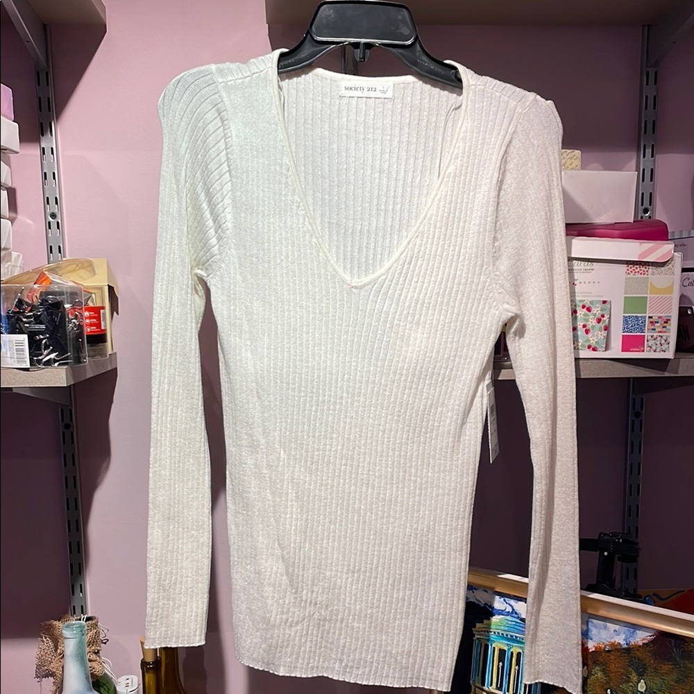 White Ribbed V-Neck Sweater